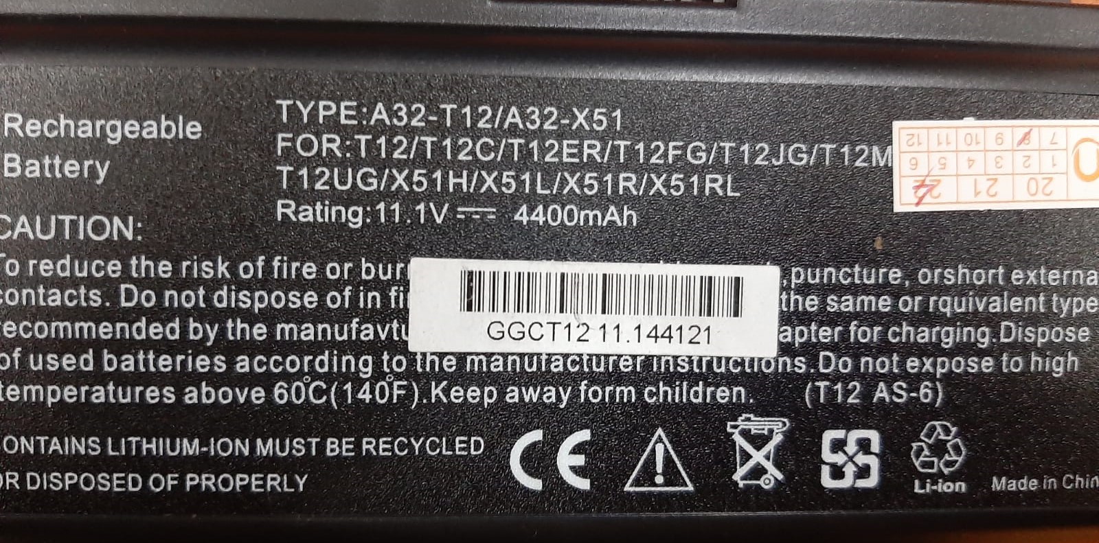 Asus A32-T12 A32-X51 Laptop Battery